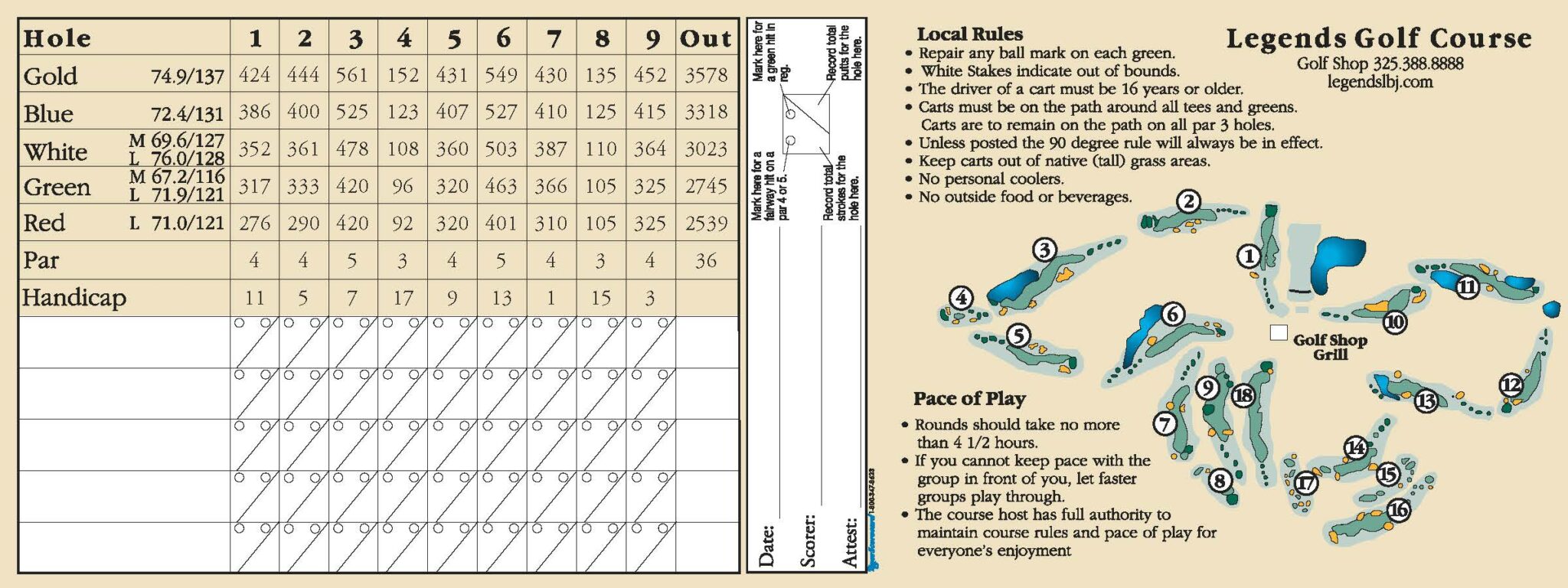 Legends Golf Course and Villas Scorecard for Course Layout in Kinglasnd Texas